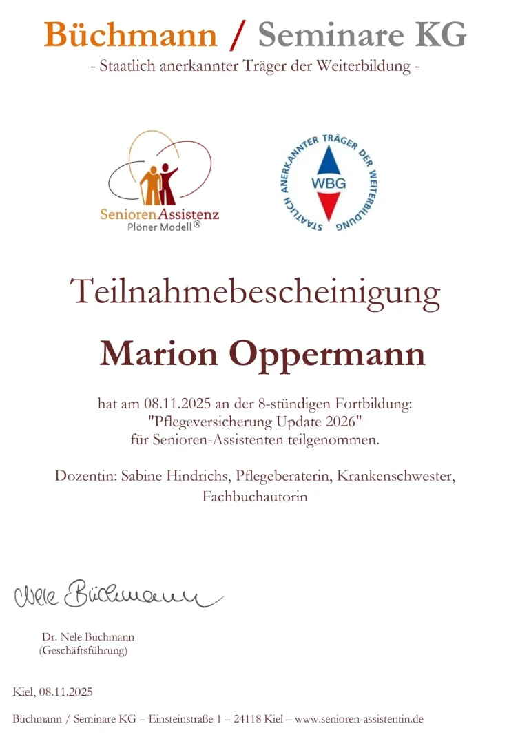 Teilnahmezertifikat von Marion Oppermann zur 8-stündigen Fortbildung „Medikamente im Alter“ am 27.09.2025, ausgestellt von der Büchmann Semi