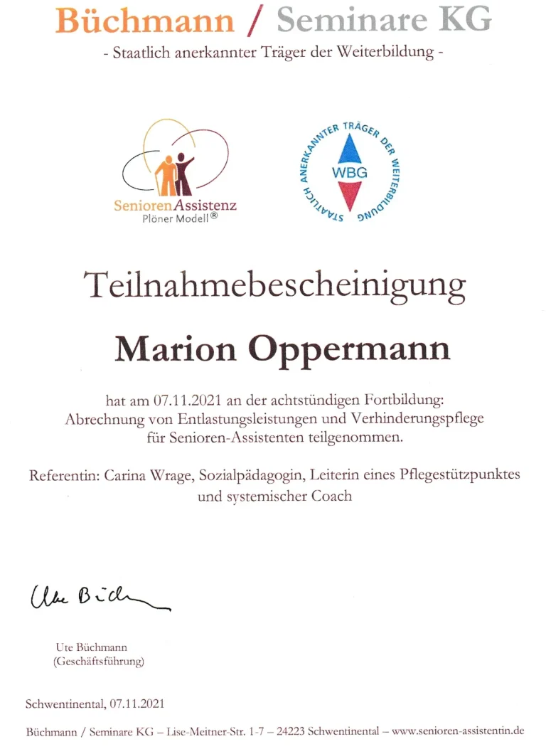 Teilnahmezertifikat von Marion Oppermann zur Fortbildung „Abrechnung von Entlastungsleistungen und Verhinderungspflege“ am 07.11.2021, Refer