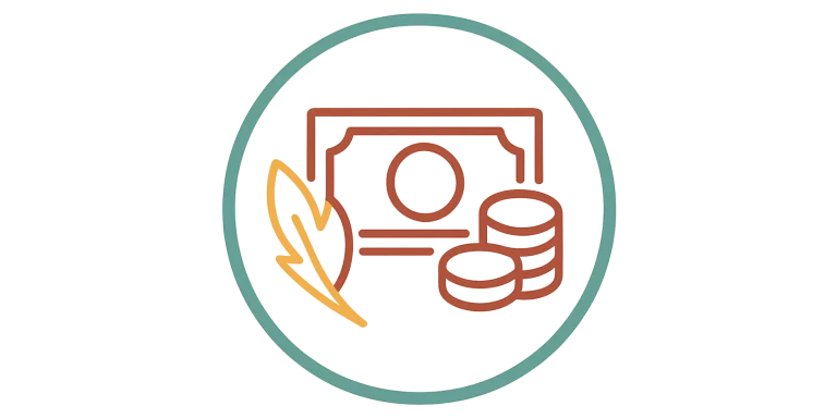 Icon mit Geldscheinen, Münzen und Feder – Hinweis auf Leistungen der Pflegekasse (§45b SGB XI)