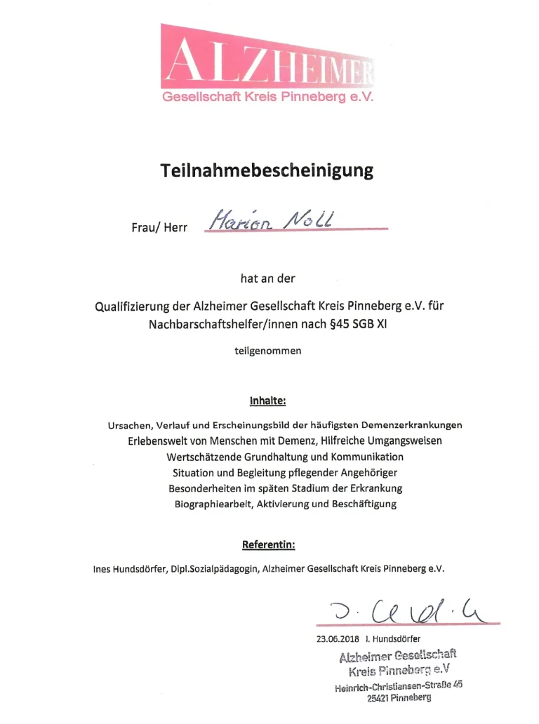 Zertifikat der Alzheimer Gesellschaft Kreis Pinneberg für Marion Noll (heute Oppermann), Teilnahme an der Schulung für Nachbarschaftshelfer: