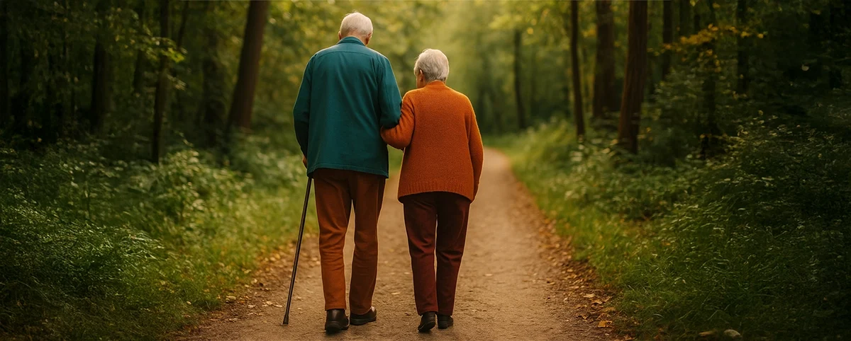 Ein älteres Ehepaar geht gemeinsam auf einem Waldweg – Symbolbild für Zuwendung, Geborgenheit und Seniorenbetreuung im Alltag
