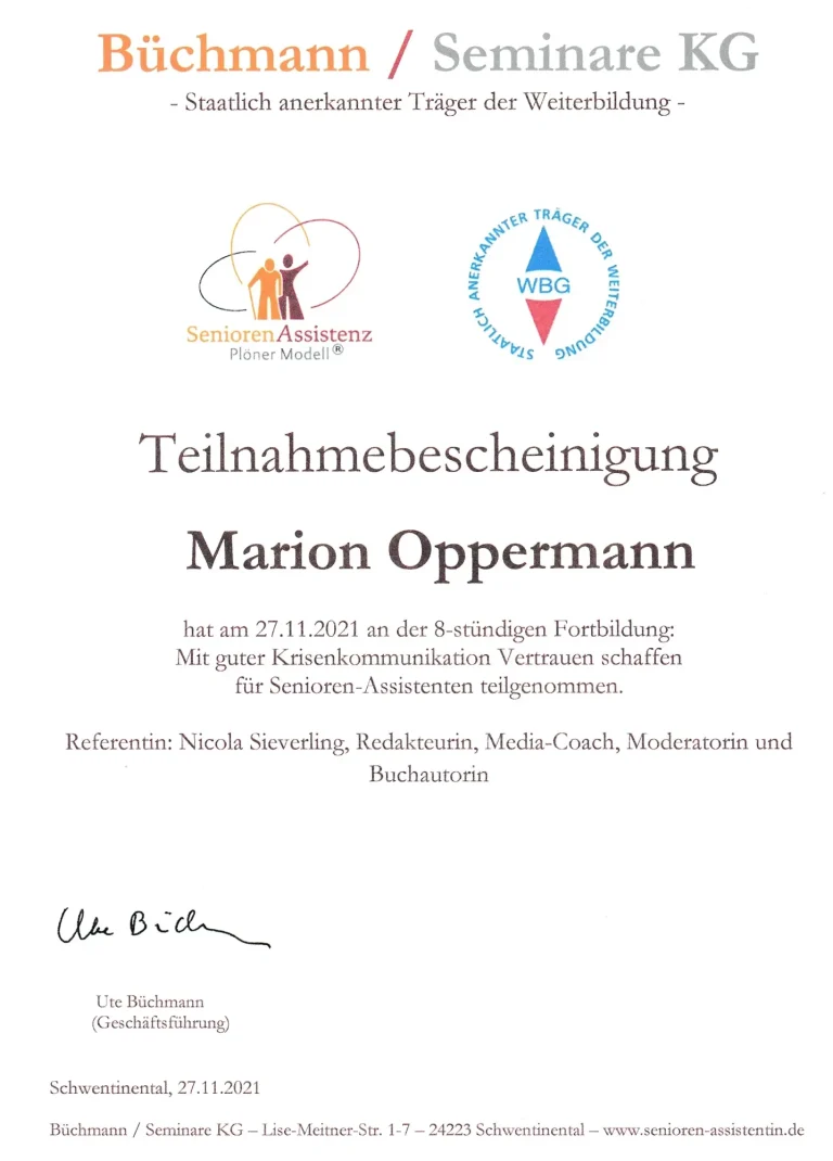 Teilnahmezertifikat von Marion Oppermann zur Fortbildung „Mit guter Krisenkommunikation Vertrauen schaffen“ am 27.11.2021 bei Büchmann Semin