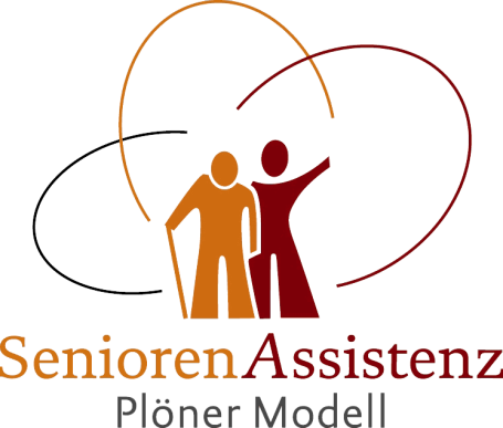 Zertifizierungslogo der SeniorenAssistenz nach dem Plöner Modell mit stilisierten Figuren in Orange und Rot