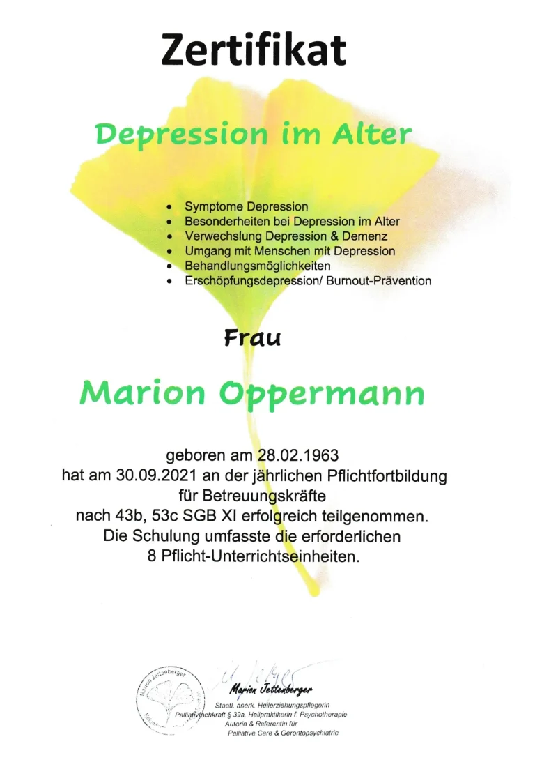 Teilnahmezertifikat von Marion Oppermann zur Pflichtfortbildung „Depression im Alter“ am 30.09.2021 nach §§ 43b, 53c SGB XI bei Marion Jette