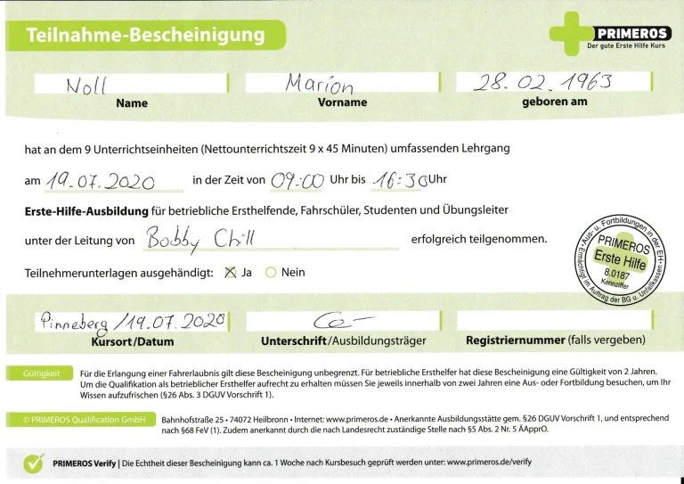 Teilnahmezertifikat von Marion Oppermann zur Erste-Hilfe-Ausbildung am 19.07.2020 bei PRIMEROS in Pinneberg, durchgeführt von Bobby Chill.