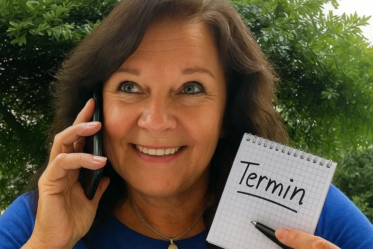 Mia Oppermann hält ein Handy ans Ohr und zeigt einen Notizblock mit dem Wort Termin