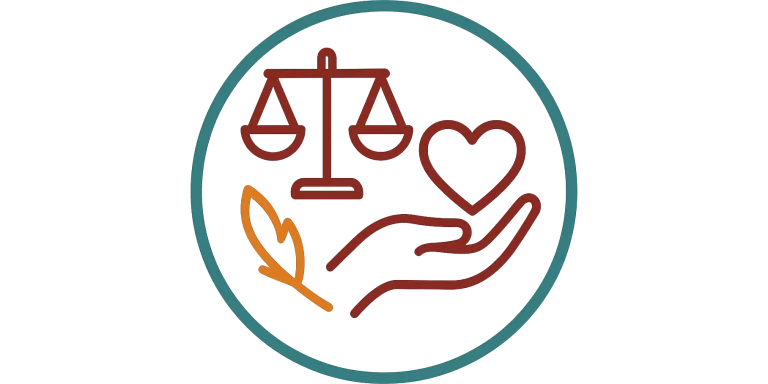 Hand mit Herz, Waage und Feder – steht für Fürsorge, Gerechtigkeit und liebevolle Balance im Alltag