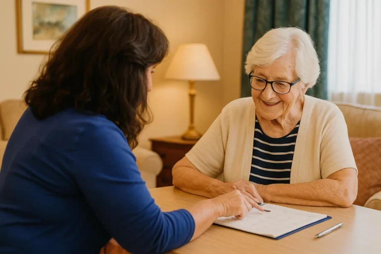 Seniorin und Betreuerin planen gemeinsam den Alltag – liebevolle Unterstützung durch Mia Oppermann.
